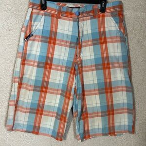 Southpole Y2K Men’s Blue/Orange  White Plaid Baggy Shorts SZ 34 12” Inseam 90’s